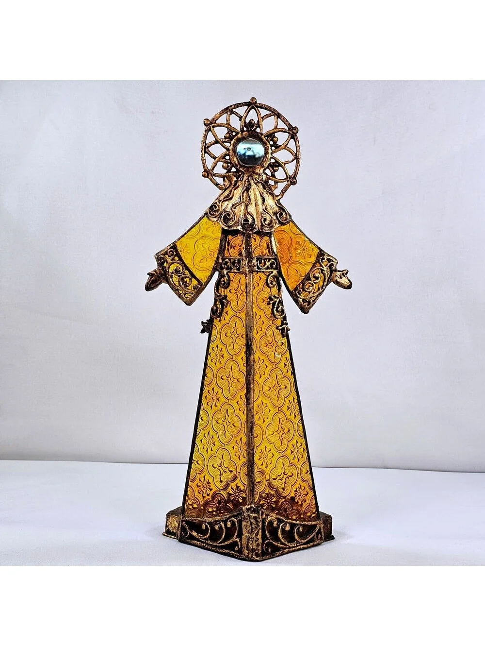 Vintage Angel Tea Light Candle Holder Amber Glass Bronze Metal Religious 14 Inch